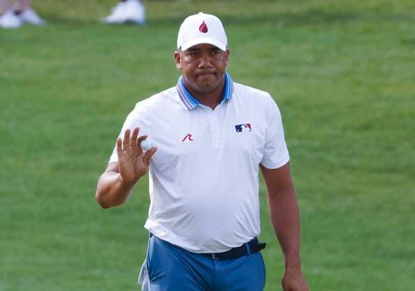 Jhonattan Vegas of Venezuela reacts after putting on the 2nd hole during the second round of the 2025 PGA, Golf Herren Championship at the Quail Hollow Golf Club in Charlotte, North Carolina on Friday, May 16, 2025.  CHA20250516618 TANNENxMAURY