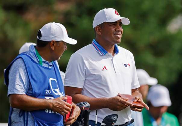 Jhonattan Vegas of Venezuela prepares to tee off on the 4th hole during the second round of the 2025 PGA, Golf Herren Championship at the Quail Hollow Golf Club in Charlotte, North Carolina on Friday, May 16, 2025.  CHA20250516624 TANNENxMAURY