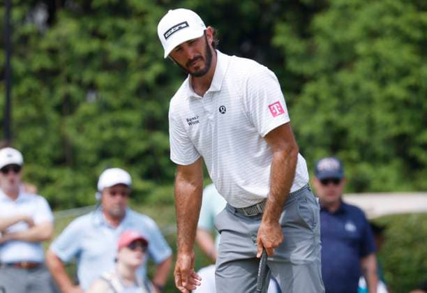 Max Homa reacts after missing a birdie putt on the 5th hole during the second round of the 2025 PGA, Golf Herren Championship at the Quail Hollow Golf Club in Charlotte, North Carolina on Friday, May 16, 2025.  CHA20250516637 TANNENxMAURY