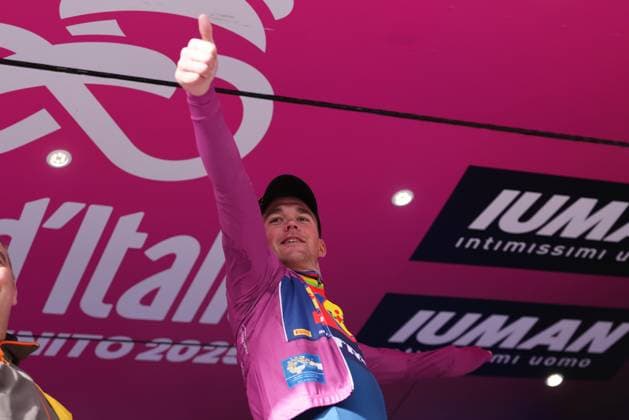 Pedersen Mads of Lidl-Trek cyclamen jersey on the podium during the stage 7 of the Giro d™Italia from Castel di Sangro to Tagliacozzo, Italy - Friday, May 16, 2025. - cycling.  Copyright: xGianxMattiaxD Alberto LaPressex