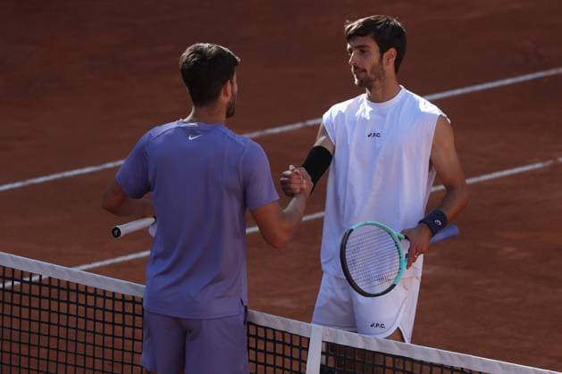 Rome, Italy May 16, 2025: Men s Semifinal, Men s Singles, Competition Carlos Alcaraz (ESP) wins and celebrates against Lorenzo Musetti (ITA) during the Internazionali BNL d Italia 2025 ATP, Tennis Herren Masters Men s 1000 circuit of Rome at the Foro Italico.  Copyright: xmarcoxiacobuccix xipa-agency.netx xmarcoxiacobuccix 0818898176st