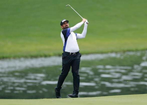 Matthieu Pavon of France hits onto the 15th green during the second round of the 2025 PGA, Golf Herren Championship at the Quail Hollow Golf Club in Charlotte, North Carolina on Friday, May 16, 2025.  CHA20250516653 TANNENxMAURY