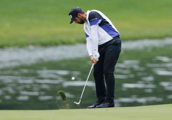 Matthieu Pavon of France hits onto the 15th green during the second round of the 2025 PGA, Golf Herren Championship at the Quail Hollow Golf Club in Charlotte, North Carolina on Friday, May 16, 2025.  CHA20250516654 TANNENxMAURY