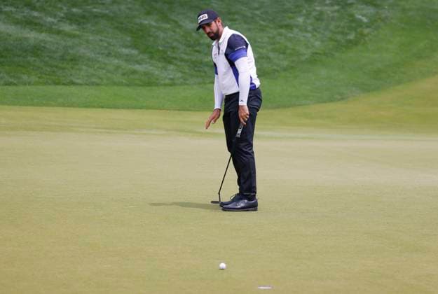 Matthieu Pavon of France watches his putt on the 15th green during the second round of the 2025 PGA, Golf Herren Championship at the Quail Hollow Golf Club in Charlotte, North Carolina on Friday, May 16, 2025.  CHA20250516656 TANNENxMAURY