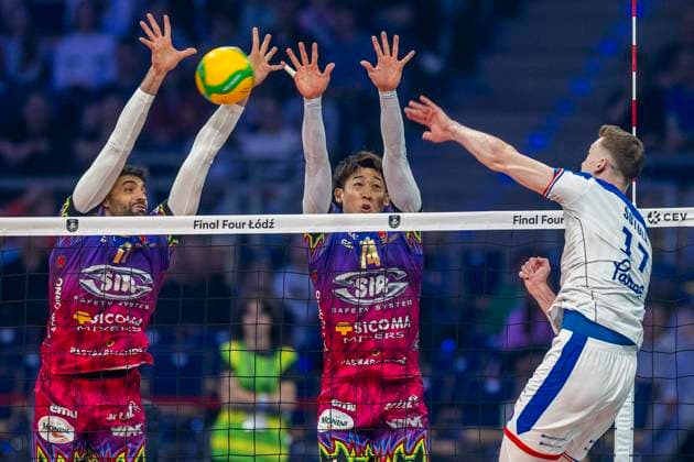 Sir Sicoma Monini Perugia - Halkbank Ankara - CEV Champions League Volley 2025 Final Four Sebastian Sole, Yuki Ishikawa, Marek Sotola during the CEV Champions League volleyball semi-final match Sir Sicoma Monini Perugia vs Halkbank Ankara in Lodz, Poland on May 16, 2025. Lodz Poland  Copyright: xAndrzejxIwanczukx originalFilename:iwanczuk-sirsicom250516_npbn2.jpg