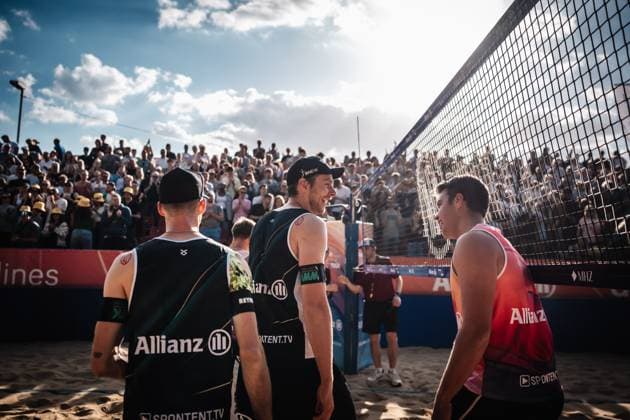 Beach volleyball men Allianz German Beach Tour 2025 Tourstop Düsseldorf 16 05 2025 f l Nils Ehlers and Jonas Kaminski Düsseldorf Robert Lehr Ufer Nordrhein Westfalen Germany