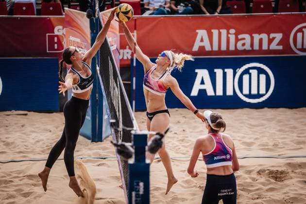 Beach volleyball women Allianz German Beach Tour 2025 Tourstop Düsseldorf 16 05 2025 v l Elea Beutel against Anna Behlen Düsseldorf Robert Lehr Ufer Nordrhein Westfalen Germany
