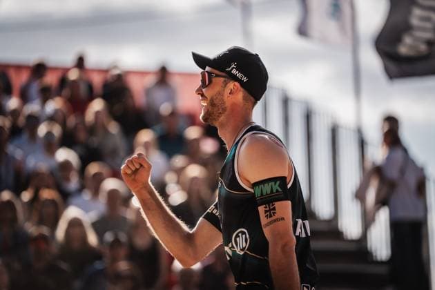 Beach volleyball men Allianz German Beach Tour 2025 Tourstop Düsseldorf 16 05 2025 Clemens Wickler cheers Düsseldorf Robert Lehr Ufer Nordrhein Westfalen Germany