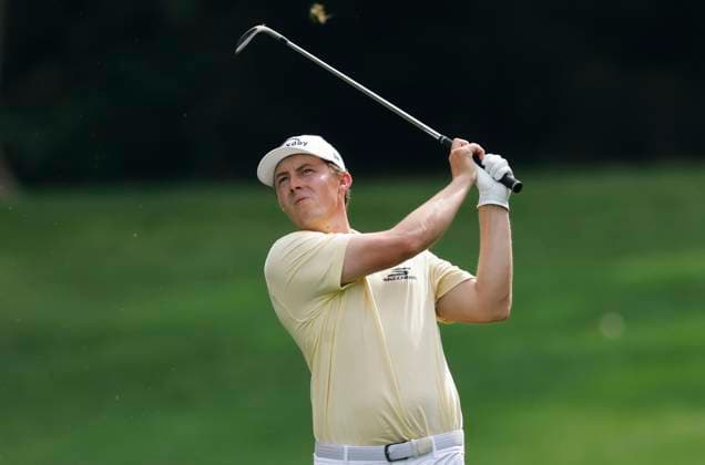 Matt Fitzpatrick of England watches his second shot on the 12th hole during the second round of the 2025 PGA, Golf Herren Championship at the Quail Hollow Golf Club in Charlotte, North Carolina on Friday, May 16, 2025.  CHA20250516686 TANNENxMAURY