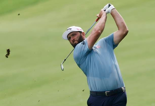 Jon Rahm of Spain hits his second shot on the 12th hole during the second round of the 2025 PGA, Golf Herren Championship at the Quail Hollow Golf Club in Charlotte, North Carolina on Friday, May 16, 2025.  CHA20250516687 TANNENxMAURY