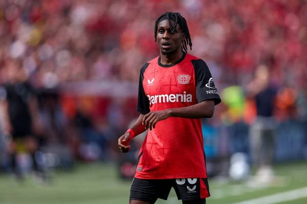 11 05 2025, Soccer, Bayer 04 Leverkusen Borussia Dortmund, 1 Soccer Bundesliga, 33 Matchday, BayArena, Season 2024 2025 Jeremie Frimpong Bayer04 Leverkusen 30 DFB regulations prohibit any use of photographs as image sequences and or quasi video Nordrhein Westfalen Germany