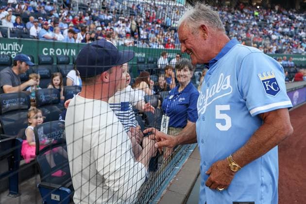 May 16, 2025: Kansas City Royals Hall of Fame player George Brett greets fans before a game against the St. Louis Cardinals at Kauffman Stadium in Kansas City, MO. CSM Kansas City United States of America - ZUMAc04_ 20250516_zma_c04_013 Copyright: xDavidxSmithx