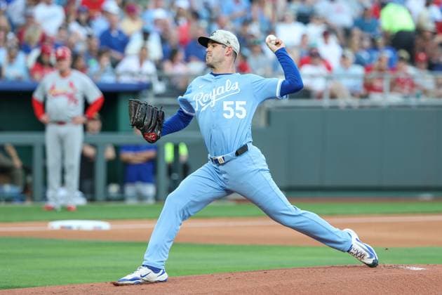 MLB, Baseball Herren, USA 2025: Cardinals Vs Royals MAY 16 May 16, 2025: Kansas City Royals starting pitcher Cole Ragans (55) pitches against the St. Louis Cardinals during the first inning at Kauffman Stadium in Kansas City, MO. David Smith CSM (Credit Image: Â David Smith Cal Media) Kansas City Mo United States of America EDITORIAL USE ONLY Copyright: xx ZUMA-20250516_zma_c04_014.jpg DavidxSmithx csmphotothree383646