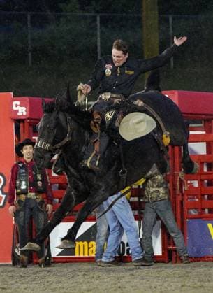 (250517) -- SURREY, May 17, 2025 -- A rider competes in the saddle bronc riding competition at the Cloverdale Rodeo and Country Fair in Surrey, British Columbia, Canada, May 16, 2025. As one of the largest rodeos in Canada, the annual Cloverdale Rodeo and Country Fair kicked off here on Friday. (Photo by Xinhua) (SP)CANADA-SURREY-CLOVERDALE RODEO LiangxSen 