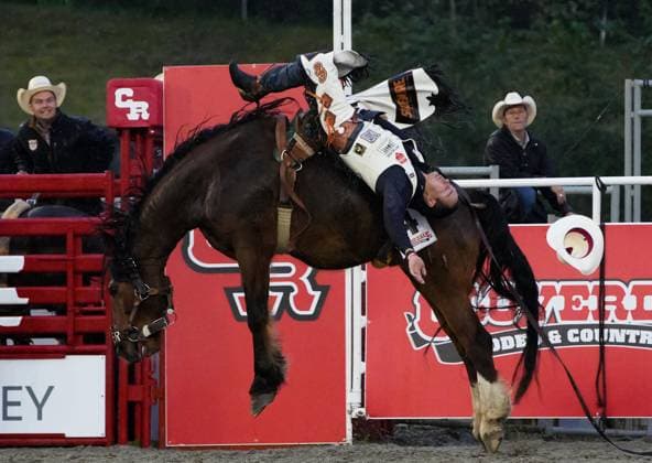 (250517) -- SURREY, May 17, 2025 -- A rider competes in the bareback riding competition at the Cloverdale Rodeo and Country Fair in Surrey, British Columbia, Canada, May 16, 2025. As one of the largest rodeos in Canada, the annual Cloverdale Rodeo and Country Fair kicked off here on Friday. (Photo by Xinhua) (SP)CANADA-SURREY-CLOVERDALE RODEO LiangxSen 