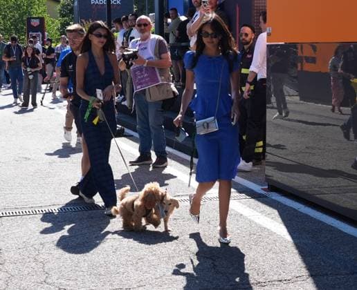 17 05 2025, Autodromo Enzo e Dino Ferrari, Imola, Formula 1 Grand Prix Emilia Romagna 2025 ,in the picture Francisca Cerqueira Gomes L , girlfriend of Pierre Gasly FRA , BWT Alpine F1 Team with dog Simba, Alexandra Saint Mleux R , girlfriend of Charles Leclerc MCO , Scuderia Ferrari HP with dog Leo Photo by Hasan Bratic DeFodi Images