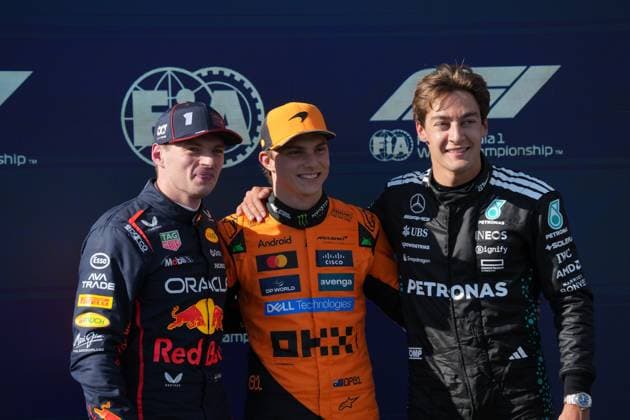 Formula 1 Grand Prix Emilia Romagna 2025 17 05 2025, Autodromo Enzo e Dino Ferrari, Imola, Formula 1 Grand Prix Emilia Romagna 2025 ,in the picture pole position for Oscar Piastri AUS , McLaren F1 Team, 2 starting position for Max Verstappen NLD , Oracle Red Bull Racing, 3 starting position for George Russell GBR , Mercedes AMG Petronas Formula One Team nordphotoxGmbHx xBratic nph00250