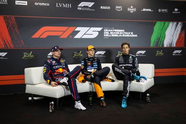 F1 - EMILIA ROMAGNA GRAND PRIX 2025 VERSTAPPEN Max (ned), Red Bull Racing RB21, portrait PIASTRI Oscar (aus), McLaren F1 Team MCL39, portrait RUSSELL George (gbr), Mercedes AMG F1 Team W16, portrait press conference, PK, Pressekonferenz during the Formula 1 AWS Gran Premio del Made in Italy e Dell™Emilia-Romagna 2025, Emilia Romagna Grand Prix 2025, 7th round of the 2025 FIA Formula One World Championship, WM, Weltmeisterschaft from May 16 to 18, 2025 on the Autodromo Internazionale Enzo e Dino Ferrari, in Imola, Italy - ImolaItaly Copyright: xJavierxJimenezx