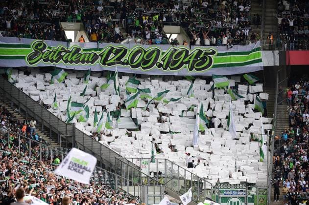 17 05 2025 Moenchengladbach Football, Men, Season 2024 2025, Borussia Moenchengladbach vs VfL Wolfsburg Die Wolfsburger Fankurve DFL regulations prohibit any use of photographs as image sequences and or quasi video Borussia Park NRW Germany