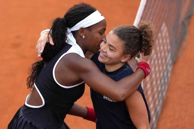 Coco Gauff of United States of America and Jasmine Paolini of Italy hug each other at the end of the final of the Internazionali BNL d Italia 2025 tennis tournament at Foro Italico in Rome, Italy on May 17, 2025. Jasmine Paolini won 6-4, 6-2. AntoniettaxBaldassarre