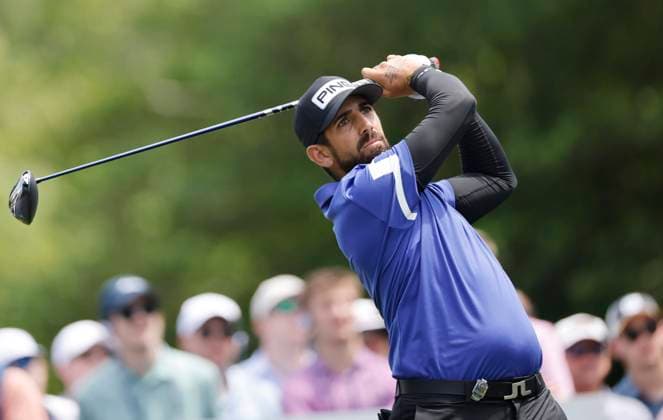 Matthieu Pavon of France tees off on the 3rd hole during the third round of the 2025 PGA, Golf Herren Championship at the Quail Hollow Golf Club in Charlotte, North Carolina on Saturday, May 17, 2025.  CHA20250517621 TANNENxMAURY