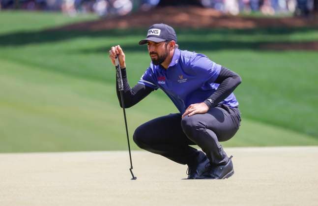 Matthieu Pavon of France lines up a putt on the 3rd hole during the third round of the 2025 PGA, Golf Herren Championship at the Quail Hollow Golf Club in Charlotte, North Carolina on Saturday, May 17, 2025.  CHA20250517624 TANNENxMAURY