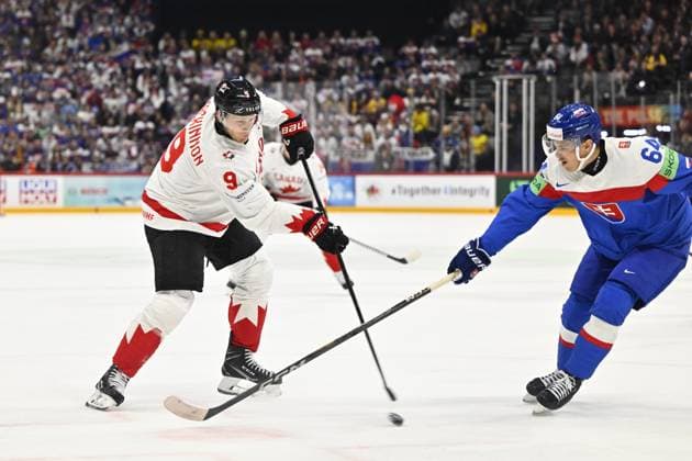 STOCKHOLM, SWEDEN 20250517 Canada s Nate MacKinnon and Slovakia s Patrik Koch during the IIHF Ice Hockey World Championship group A match between Canada and Slovakia at Avicii Arena in Stockholm, Sweden, on May 17, 2025 STOCKHOLM SWEDEN x10040x  Copyright: xAndersxWiklund TTx ICE HOCKEY WC CANADA-SLOVAKIA