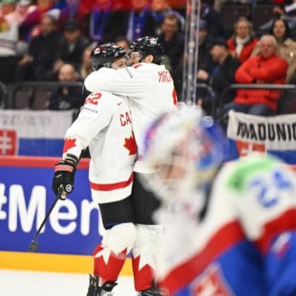 STOCKHOLM, SWEDEN 20250517 Canada s Brandon Montour scores 1 0 and celebrates with Canada s Nate MacKinnon during the IIHF Ice Hockey World Championship group A match between Canada and Slovakia at Avicii Arena in Stockholm, Sweden, on May 17, 2025 STOCKHOLM SWEDEN x10040x  Copyright: xAndersxWiklund TTx ICE HOCKEY WC CANADA-SLOVAKIA
