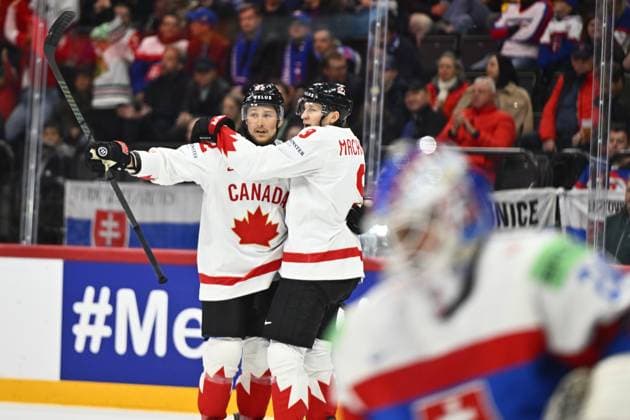 STOCKHOLM, SWEDEN 20250517 Canada s Brandon Montour scores 1 0 and celebrates with Canada s Nate MacKinnon during the IIHF Ice Hockey World Championship group A match between Canada and Slovakia at Avicii Arena in Stockholm, Sweden, on May 17, 2025 STOCKHOLM SWEDEN x10040x  Copyright: xAndersxWiklund TTx ICE HOCKEY WC CANADA-SLOVAKIA