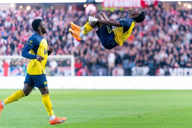 Bilder des Jahres 2025, Sport 05 Mai Sport Themen der Woche KW20 Sport Bilder des Tages 2025-05-17 Royal Antwerp FC v Royale Union Saint-Gilloise - Jupiler Pro League Championship Play Offs ANTWERPEN, BELGIUM - MAY 17: Mohammed Fuseini of R. Union Saint-Gilloise celebrates after scoring the team s second goal during the Jupiler Pro League Championship Play Offs match between Royal Antwerp FC and Royale Union Saint-Gilloise at Bosuilstadion on May 17, 2025 in Antwerpen, Belgium. Antwerpen Bosuilstadion Belgium Content not available for redistribution in The Netherlands directly or indirectly through any third parties. Copyright: xJorisxVerwijstx