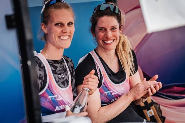 Beach volleyball women Allianz German Beach Tour 2025 Tourstop Düsseldorf 17 05 2025 f l Sarah Schneider and Sandra Ferger Düsseldorf Robert Lehr Ufer Nordrhein Westfalen Germany