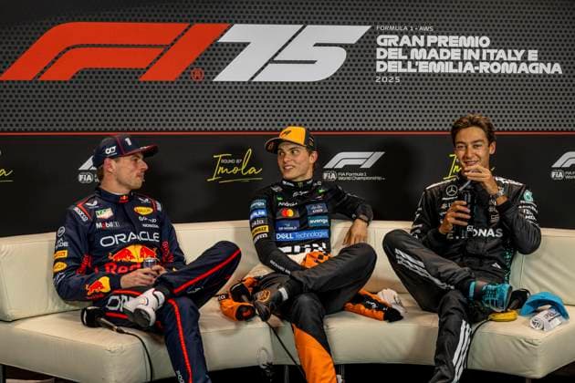 FORMULE 1 : Emilia Romagna - Grand Prix - 17 05 2025 1 Max Verstappen (NLD) Oracle Red Bull Racing (AUT) Red Bull RB21 Honda RBPT - 81 Oscar Piastri (AUS) McLaren F1 Team (GBR) MCL39 Mercedes - 81 Oscar Piastri (AUS) McLaren F1 Team (GBR) MCL39 Mercedes - 63 George Russell (GBR) Mercedes AMG Petronas (DEU) Mercedes-AMG W16 E Mercedes during the qualifying press conference, PK, Pressekonferenz for the Formula 1 Grand Prix Emilia Romagna 2025, at the Autodromo Enzo e Dino Ferrari in Imola on May 17, 2025 in Italy (ITA).  Copyright: xIANxBUNDEYx xMPSxAGENCYx x
