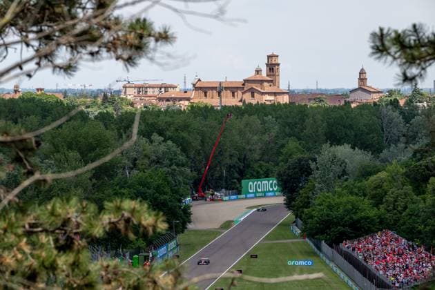 IMOLA, ITALY: Lewis Hamilton, racing for the Ferrari team during the 2025 Formula 1 Emilia Romagna Grand Prix at the Imola Circuit in Imola, Italy