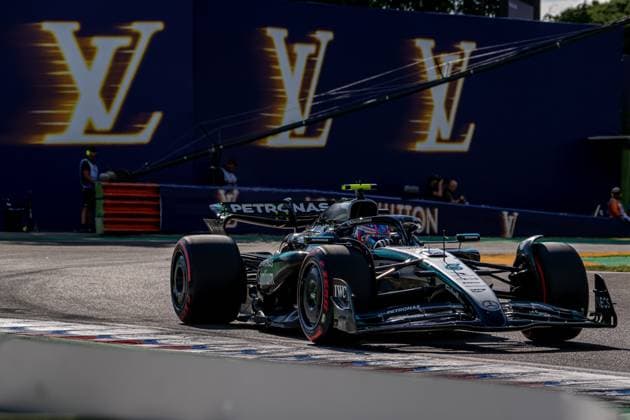 IMOLA, ITALY: Andrea Kimi Antonelli, racing for the Mercedes team during the 2025 Formula 1 Emilia Romagna Grand Prix at the Imola Circuit in Imola, Italy
