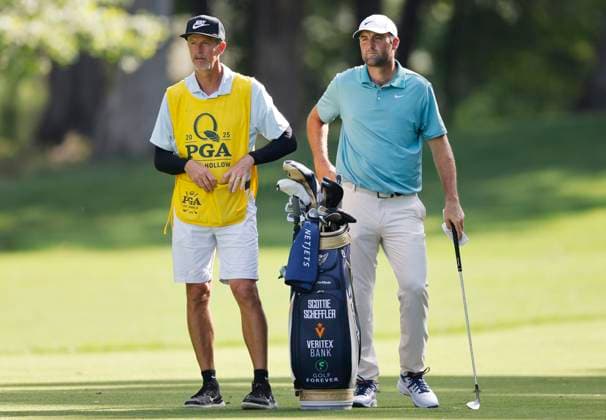 Scottie Scheffler and his caddie Ted Scott wait to shoot on the 12th fairway during the third round of the 2025 PGA, Golf Herren Championship at the Quail Hollow Golf Club in Charlotte, North Carolina on Saturday, May 17, 2025.  CHA20250517653 TANNENxMAURY
