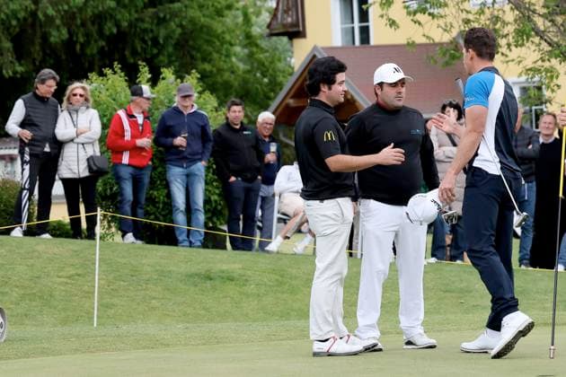GOLF - Goesser Open 2025 MARIA LANKOWITZ,AUSTRIA,17.MAY.25 - GOLF - Alps Tour, Goesser Open, GC Erzherzog Johann. Image shows Jorge Maicas (ESP), Asier Aguirre Izcue (ESP) and Timon Baltl (AUT) .  GEPAxpictures xHansxOberlaender