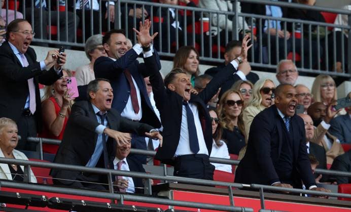 Crystal Palace owners - Steve Parish, Josh Harris, David Blitzer, Robert Franco and John Textor celebrate with Mark Bright on the final whistle as they win The Emirates FA Cup Final at Wembley Stadium of Crystal Palace v Manchester City. Crystal Palace v Manchester City. Football. The Emirates FA Cup Final. Wembey Stadium, London. UK. 17 MAY 2025 EDITORIAL USE ONLY No use with unauthorised audio, video, data, fixture lists (outside the EU), club league logos or live services. Online in-match use limited to 45 images (+15 in extra time). No use to emulate moving images. No use in betting, games or  Copyright: xJASONPIX Shutterstockx 15307477dm