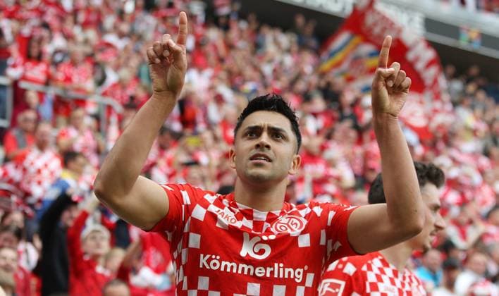 Nadiem Amiri 18, Mainz 05 celebrating a goal 17 05 2025, Soccer, 1 Bundesliga, 1 FSV Mainz 05 Bayer 04 Leverkusen, 34 Matchday, Season 2024 25, MEWA Arena, Mainz, Germany, zmdz, DFB DFL regulations prohibit any use of photographs as image sequences and or quasi video 1 FSV Mainz 05 Bayer 04 Leverkusen