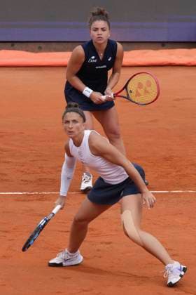 Jasmine Paolini and Sara Errani of Italy during the women double final of the Internazionali BNL d Italia 2025 tennis tournament against Veronika Kudermetova of Russia and Elise Mertens of Belgium at Foro Italico in Rome, Italy on May 18, 2025. Jasmine Paolini and Sara Erran won 6-4, 7-5. AntoniettaxBaldassarre