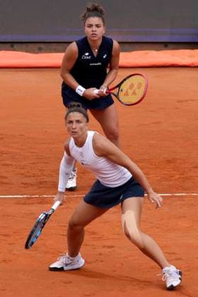 Jasmine Paolini and Sara Errani of Italy during the women double final of the Internazionali BNL d Italia 2025 tennis tournament against Veronika Kudermetova of Russia and Elise Mertens of Belgium at Foro Italico in Rome, Italy on May 18, 2025. Jasmine Paolini and Sara Erran won 6-4, 7-5. AntoniettaxBaldassarre