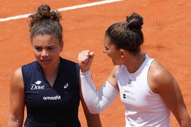 Jasmine Paolini and Sara Errani of Italy during the women double final of the Internazionali BNL d Italia 2025 tennis tournament against Veronika Kudermetova of Russia and Elise Mertens of Belgium at Foro Italico in Rome, Italy on May 18, 2025. Jasmine Paolini and Sara Erran won 6-4, 7-5. AntoniettaxBaldassarre