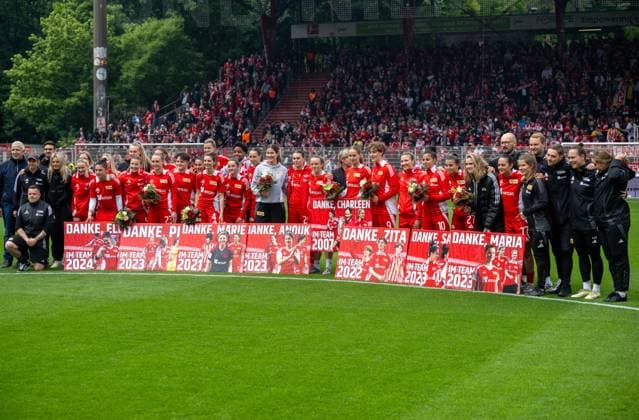 Soccer, Women, Season 2024 2025, 2 Women Bundesliga 26 Matchday , 1 FC Union Berlin FSV Gütersloh, Marie Becker 1 FC Union , Eleni Markou 1 FC Union , Sarah Abu Sabbah 1 FC Union , Charleen Niesler 1 FC Union , Zita Rurack 1 FC Union , Latoya Maxine Bach 1 FC Union , Anouk Blaschka 1 FC Union , Maria Cristina Lange 1 FC Union , Ginger Schulz 1 FC Union , Sophie Trojahn 1 FC Union , Pia Metzker 1 FC Union were sent off before kick-off, 18 05 2025, Copyright: xMatthiasxKochx