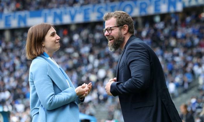 Anne Grubert, President Fabian Drescher Sport Football Soccer DFL 2 Bundesliga Men 34 Matchday Season 2024 2025 18 05 2025 Hertha BSC Berlin vs Hannover 96 DFL regulations prohibit any use of photographs as image sequences and or quasi video