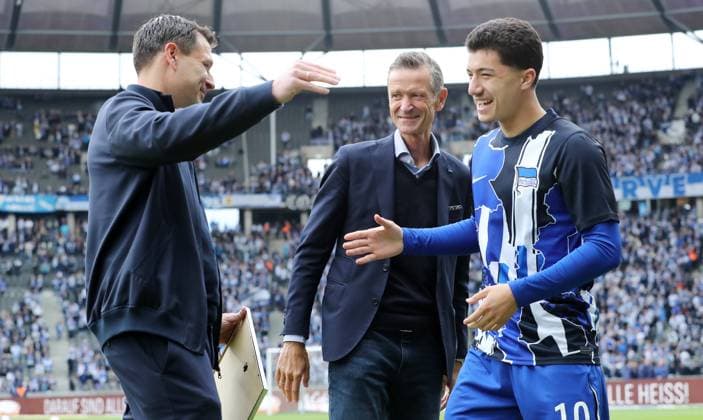 Sports Director Benjamin Weber, Farewell Ibrahim Maza, Managing Director Thomas E Herrich Sport Football Soccer DFL 2 Bundesliga Men 34 Matchday Season 2024 2025 18 05 2025 Hertha BSC Berlin vs Hannover 96 DFL regulations prohibit any use of photographs as image sequences and or quasi video