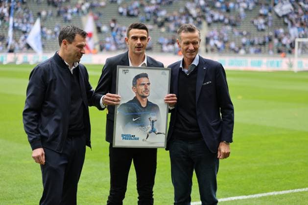 2 Fußball Bundesliga, Hertha BSC Hannover 96 Verabschiedung, Abschied, Smail Prevljak Hertha BSC Berlin 9 , during the match in the 2 Fußball Bundesliga, Hertha BSC Hannover 96 in Berlin, Olympiastadion, on 18 05 2025 DFB regulations prohibit any use of photographs as image sequences and or quasi video Copyright: xBEAUTIFULxSPORTS Frankex