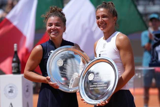 Jasmine Paolini and Sara Errani of Italy show the trophies after the women double final of the Internazionali BNL d Italia 2025 tennis tournament against Veronika Kudermetova of Russia and Elise Mertens of Belgium at Foro Italico in Rome, Italy on May 18, 2025. Jasmine Paolini and Sara Erran won 6-4, 7-5. AntoniettaxBaldassarre