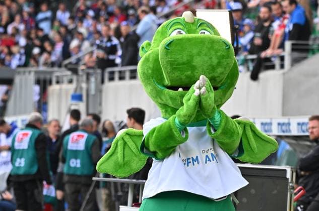 18 05 2025 Soccer Season 2024 2025 2 Soccer Bundesliga 34 Matchday SpVgg Greuther Fürth Kleeblatt Hamburger HSV Hamburg HSV Sportfoto Zink MeZi xmexzix DFL regulations prohibit any use of photographs as image sequences and or quasi video only for editorial use Dragon Eddy Mascot SpVgg Greuther Fürth before the start of the match