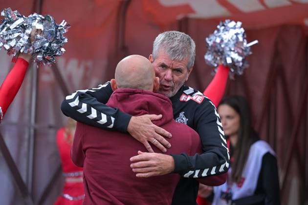 18 05 2025, Football, Bundesliga 2, Matchday 34 Season 2024 2025, 1 FC Köln 1 FC Kaiserslautern, Coach Torsten Lieberknecht 1 FC Kaiserslautern , Coach Friedhelm Funkel 1 FC Köln xRHR PHOTO TKx Copyright: RHR-FOTOx RHR-FOTO TK