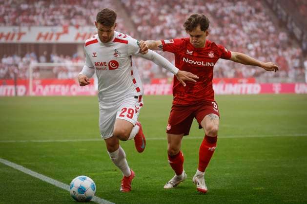 2 Soccer Bundesliga, 1 FC Köln 1 FC Kaiserslautern, 18 05 2025 Jan Thielmann 1 FC Köln, 29 and Florian Kleinhansl 1 FC Kaiserslautern, 3 in matchday 34 of the 2 Soccer Bundesliga, 2 Soccer Bundesliga, 1 FC Köln 1 FC Kaiserslautern on 18 05 2025 at RheinEnergie Stadion in Cologne THE DFL REGULATIONS PROHIBIT ANY USE OF PHOTOS AS PICTURE SEQUENCES AND OR QUASI VIDEO Copyright: xBEAUTIFULxSPORTS AxelxKohringx