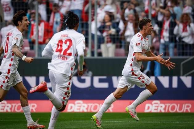 2 Soccer Bundesliga, 1 FC Köln 1 FC Kaiserslautern, 18 05 2025 Goal celebration at FC Eric Martel 1 FC Köln, 6 turns jubilant 34 Matchday of the 2 Soccer Bundesliga, 2 Soccer Bundesliga, 1 FC Köln 1 FC Kaiserslautern on 18 05 2025 at RheinEnergie Stadium in Cologne THE DFL REGULATIONS PROHIBIT ANY USE OF PHOTOS AS PICTURE SEQUENCES AND OR QUASI VIDEO Copyright: xBEAUTIFULxSPORTS AxelxKohringx